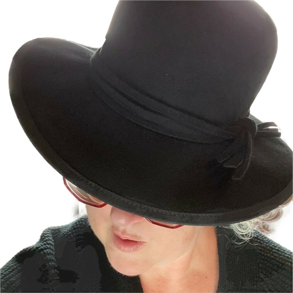 Vintage Kathy Jeanne Hat Derby Black Wool Comfort Wide Brim Fitted Women's